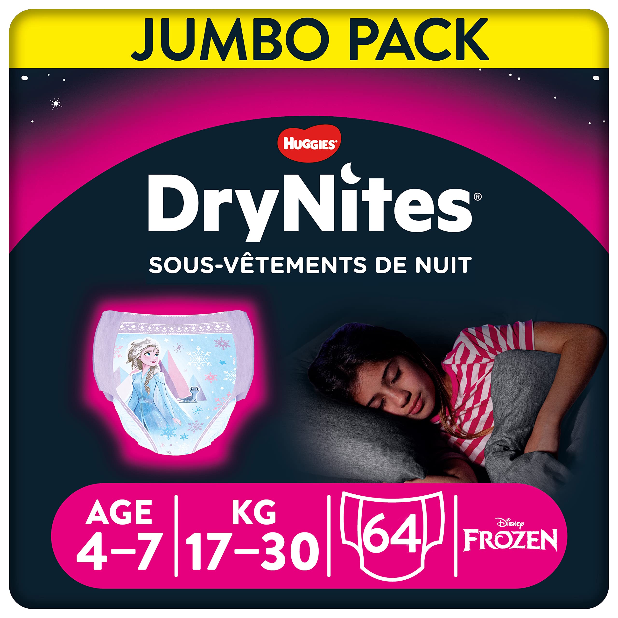 huggies-drynites-fille-4-7-ans-17-30-kg-sous-v-tements-de-nuit-absorbants-64-cul image 1